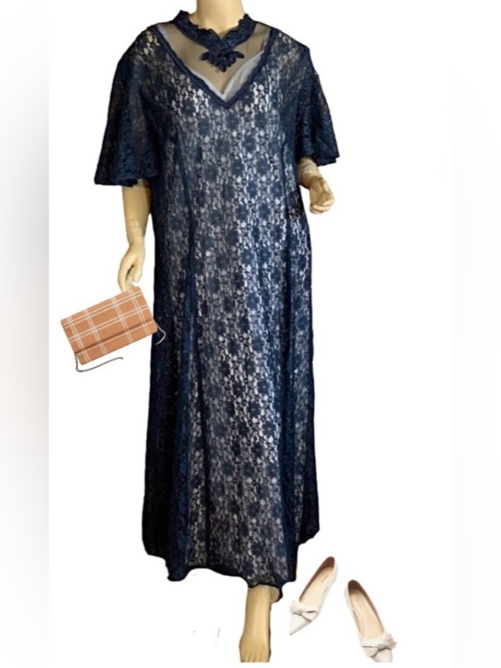 VINTAGE 1990'S DAWN JOY NAVY BLUE LACE SHEER CORSET BACK DRESS (26)